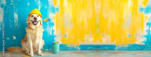 Obraz na płótnie Labrador dog with a helmet and paintbrush on a yellow and blue background. Playful Labrador holding a brush, ready to paint. Yellow and blue backdrop w salonie