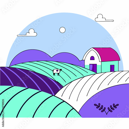 Scenic rural landscape with a house, fields, and a sheep in pastel colors