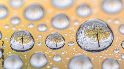 Close-up view of water droplets reflecting a winter scene.