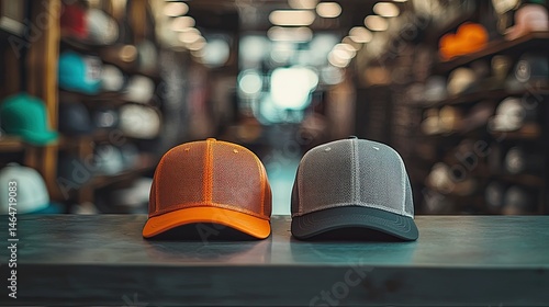 Two colorful mesh caps on a store counter.  Colorful display of summer headwear
