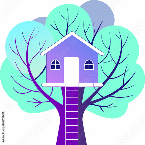 Colorful treehouse on a tree representing childhood and adventure
