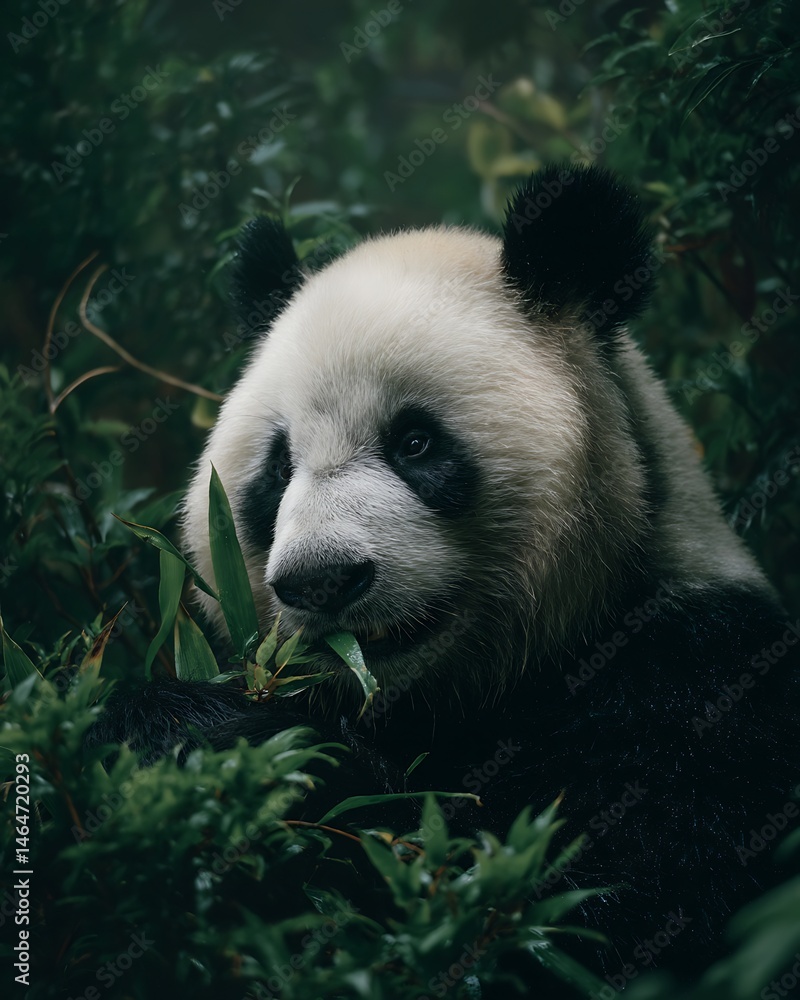 Fototapeta premium Giant pandas sit comfortably eating bamboo in a lush rainforest in China.