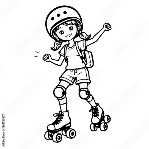 Happy girl roller skating with backpack in a playful illustration  