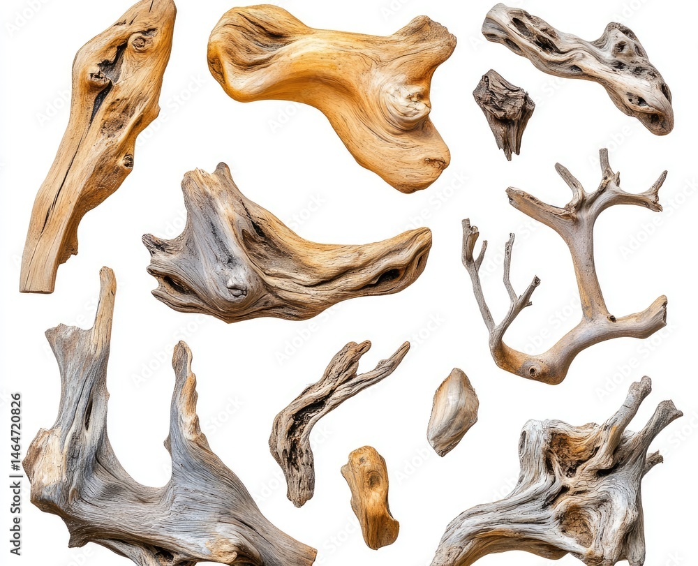 Fototapeta premium Assorted pieces of driftwood, various shapes and textures, against a plain white background. Different shades of gray and tan/beige wood are visible, showcasing the natural beauty of the pieces
