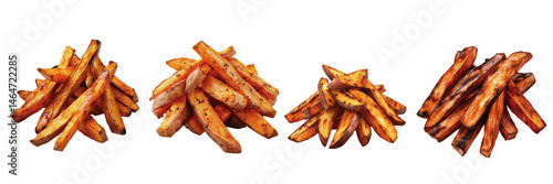 Realistic stacks of sweet potato fries on a white background showcasing different shapes and textures for food photography