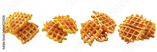 Crispy golden waffles piled together on a white background, showcasing texture and color in various shapes and sizes