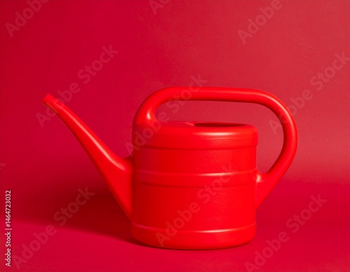 Vibrant red plastic watering can stands against monochromatic deep red background. Gardening 