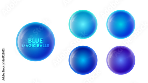 set of blue glossy magic balls with different shades on a white background
