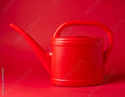 Vibrant red plastic watering can stands against monochromatic deep red background. Gardening 