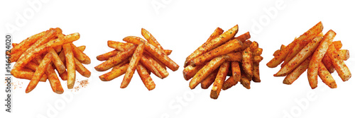 Realistic Spicy seasoned French fries arranged in different piles with a sprinkle of seasoning on a white background