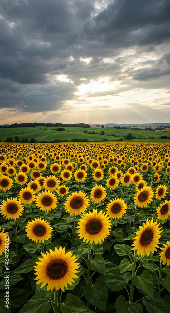 Obraz premium Sunflowers Field Dramatic Sunset Landscape Photography Summer Nature Beauty