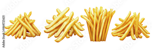 Realistic piles of golden French fries on a white background showcasing various heights and arrangements of the crispy snack