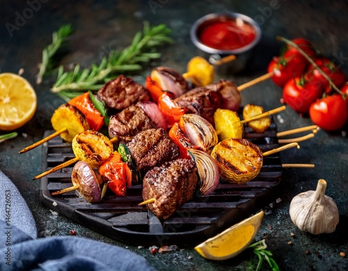 delicious grilled steak kebabs potato vegetables summer bbq food photography meat meal tasty party image dinner recipe