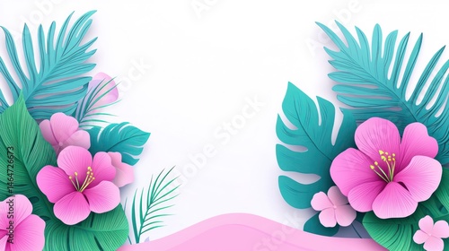 Elegant tropical flowers and leaves design on a white backdrop.