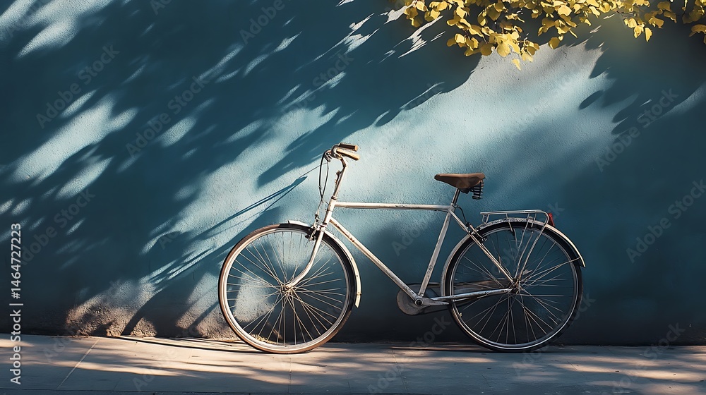 Obraz premium vintage bicycle leaning against a blue wall with sunlight
