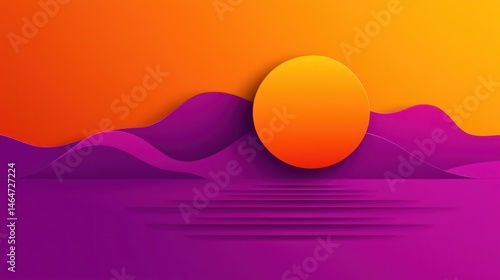 Colorful sunset over stylized purple mountains.