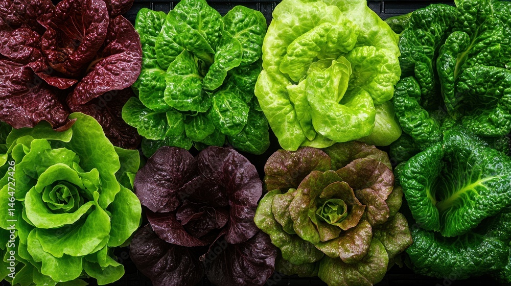Obraz premium Assorted lettuce varieties overhead closeup shot