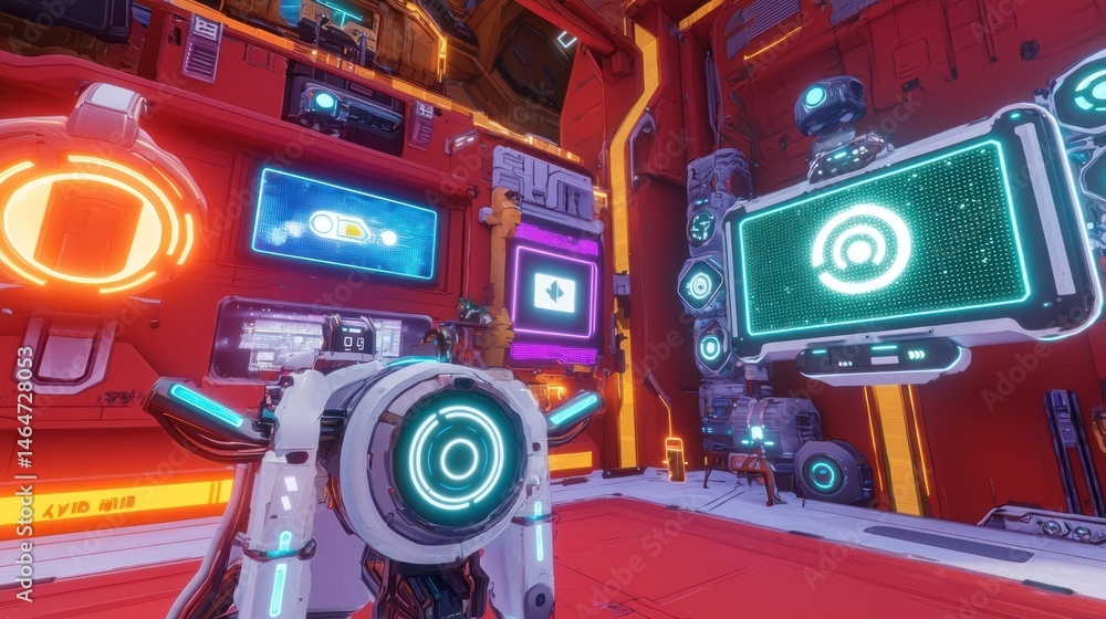 Fototapeta premium Futuristic interior scene with glowing technological displays.