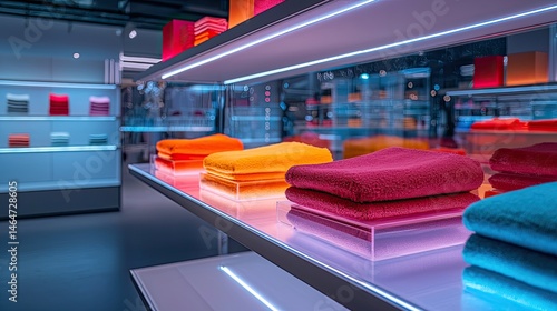 Colorful towels displayed on illuminated shelves in a modern retail store