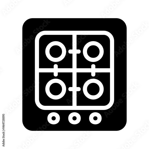 Stylized illustration featuring a black stove top with minimalist burner indicators