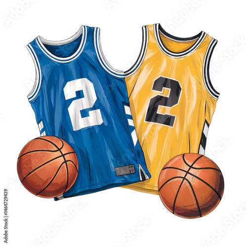 A digital illustration of two basketball jerseys and two basketballs, png