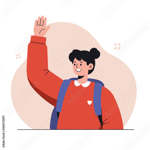 Cheerful student waving hello with backpack on shoulders in a friendly illustration style
