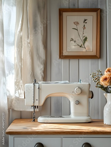 a white sewing machine sitting on top of a wooden