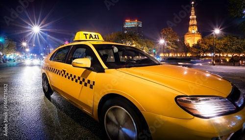 classic yellow taxi with illuminated taxi sign showcasing the urban nightlife and vibrant street life of the city
