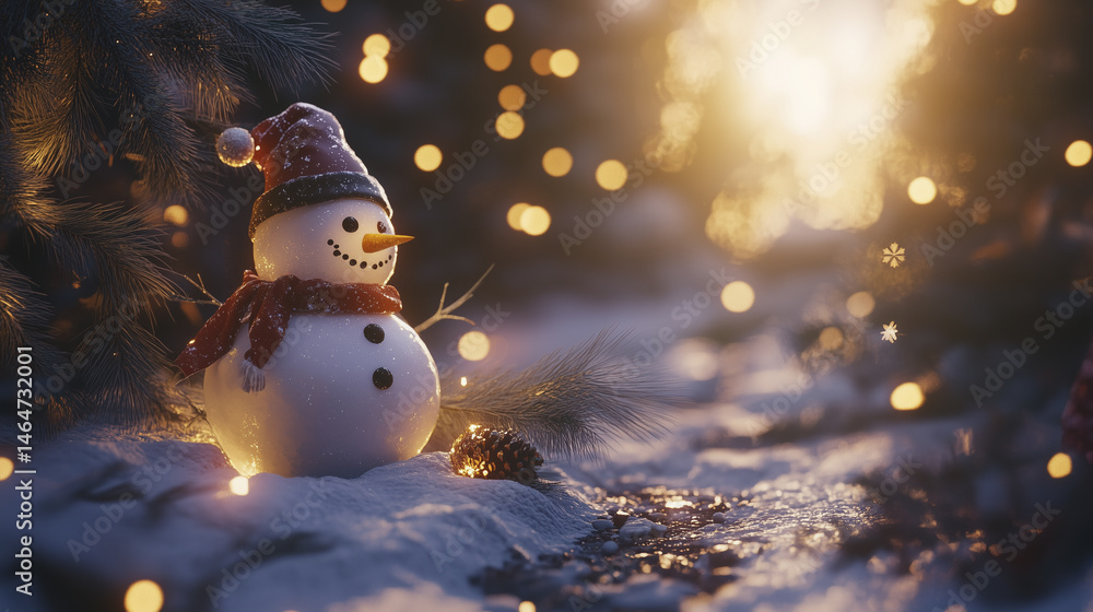 Obraz premium A snowman with a red hat and scarf, standing on snow-covered ground, surrounded by pine branches and glowing lights.