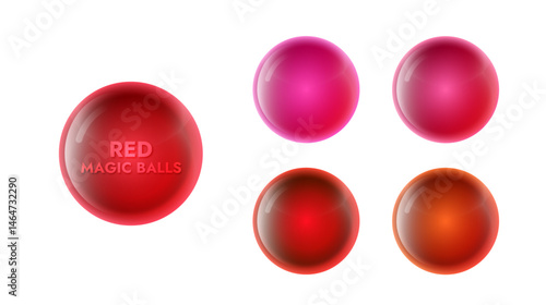 set of red magic glass glossy balls on a white background with different shades