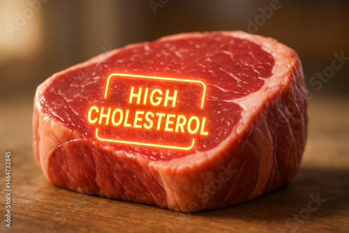 High cholestero warning sign on raw red meat steak highlights health risk concept with wooden background