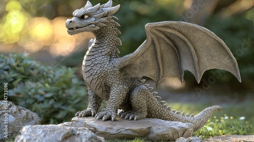 Small grey dragon statue perched on rocks