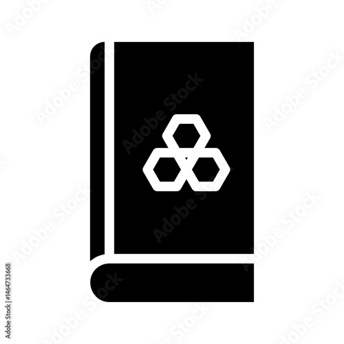 Monochrome illustration of a book with a geometric emblem, representing knowledge and learning