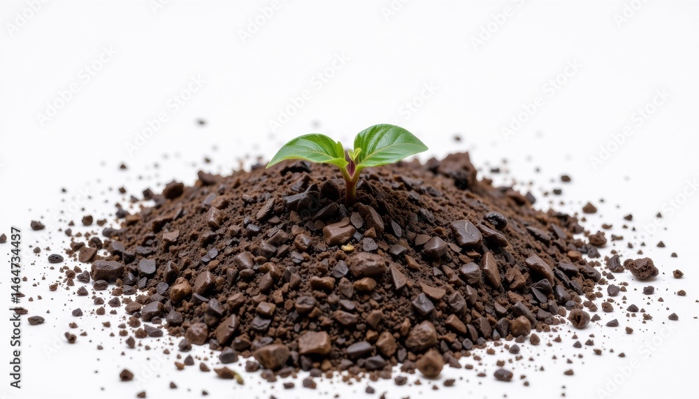 Small plant emerging from soil on a white background Small plant emerging from soil on a white background