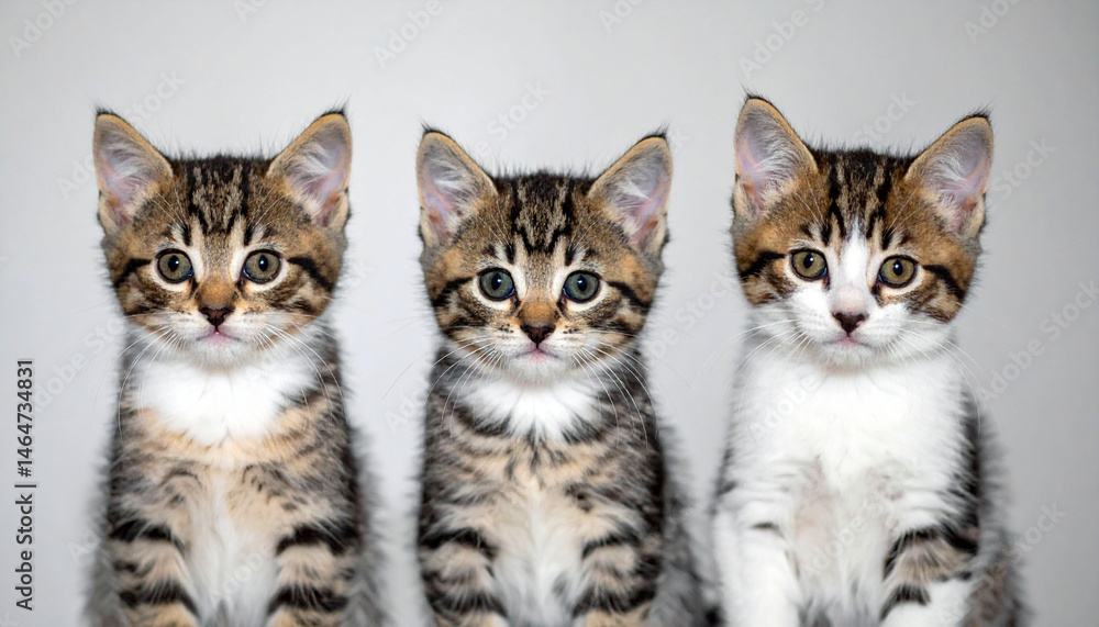 three small felines sit closely together against a plain backdrop. each has a tabby coat, with striped markings over the head and body. their ears are alert and stand upright three small felines sit closely together against a plain backdrop. each has a tabby coat, with striped markings over the head and body. their ears are alert and stand upright