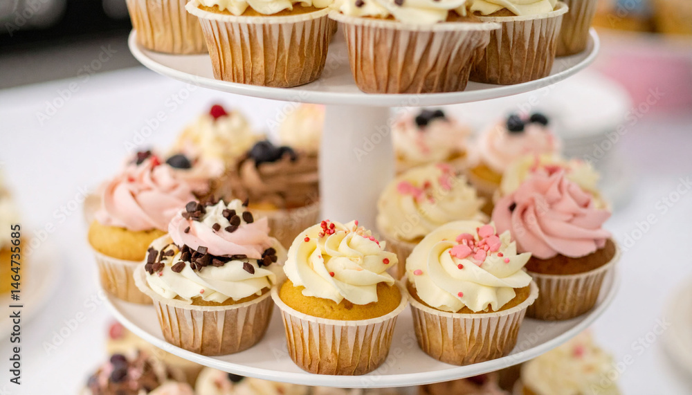 a three tiered cake stand holds an assortment of treats. each individual cake is covered in paper and topped with a swirl of frosting a three tiered cake stand holds an assortment of treats. each individual cake is covered in paper and topped with a swirl of frosting