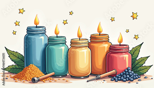 Colorful candles in jars glowing with warm light against a soft backdrop  