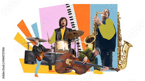Canvas Print Band performing with drums, guitar, double bass, and saxophone amidst abstract shapes