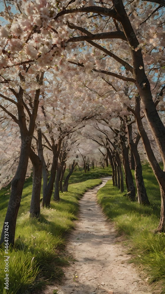 Blooming cherry blossom path with flowering trees forming a natural tunnel in painting art. Serene spring scene with soft light, fresh greenery, and clear blue sky. Blooming cherry blossom path with flowering trees forming a natural tunnel in painting art. Serene spring scene with soft light, fresh greenery, and clear blue sky.