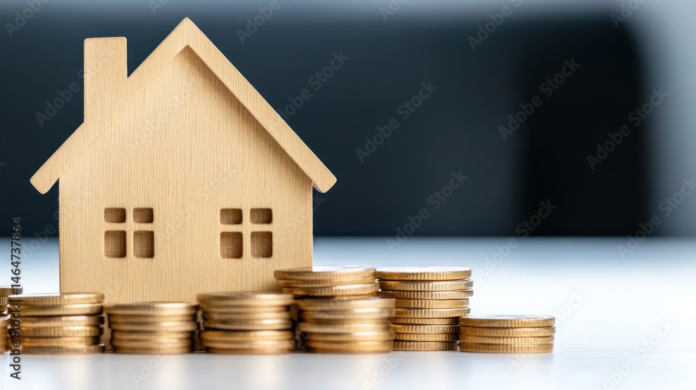 Wooden house model and gold coins homeownership savings and investment concept Wooden house model and gold coins homeownership savings and investment concept