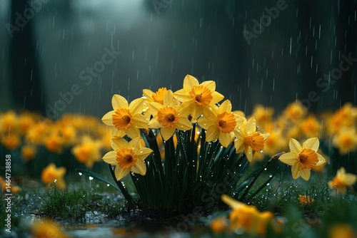 Gentle Rain Shower Over Vibrant Daffodils in a Serene Field During Springtime Tranquility