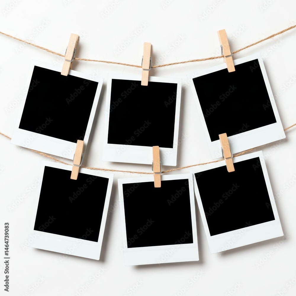 Six blank photos hanging on a string with wooden clips isolated on white background Six blank photos hanging on a string with wooden clips isolated on white background