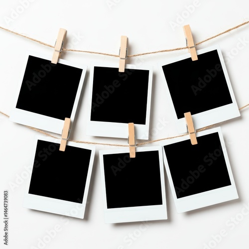 Six blank photos hanging on a string with wooden clips isolated on white background
