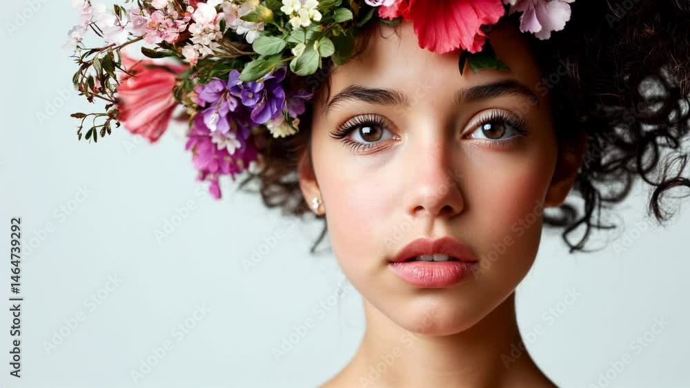 A stunning blend of nature and art unfolds as flowers intertwine with the face creating a mesmerizing visual experience of floral elegance A stunning blend of nature and art unfolds as flowers intertwine with the face creating a mesmerizing visual experience of floral elegance