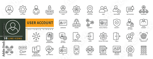 Minimalist User Account line icons set with editable stroke, featuring user, settings, avatar, password, login, profile, connect, access, login, user name, id, face id, user. thin linear illustration.