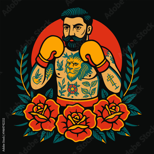Illustrated Boxer with Tattoos Surrounded by Roses and Laurel Branches