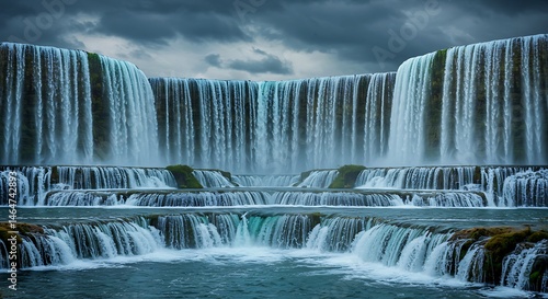 Cascading Waterfall on Rocky Ledges Under a Cloudy Sky