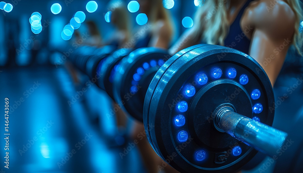 Women Weightlifting in a Fitness Class, Intense Blue Lighting Women Weightlifting in a Fitness Class, Intense Blue Lighting