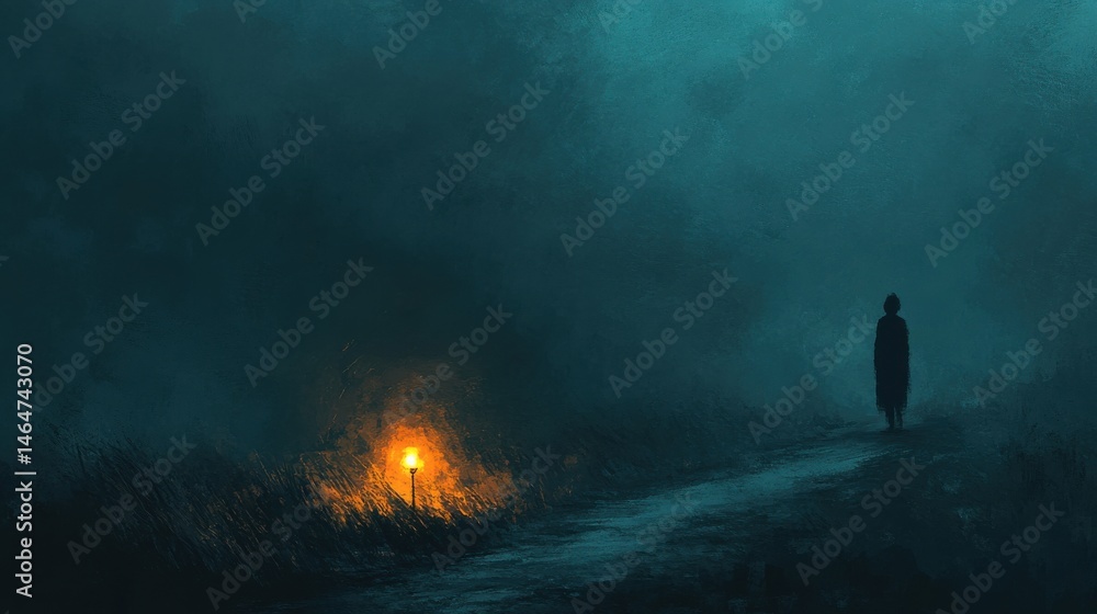 Obraz premium A solitary figure holding a glowing lantern, standing at the edge of a narrow, shadowy path, where the darkness ahead feels thick and oppressive, evoking a sense of fear and suspense