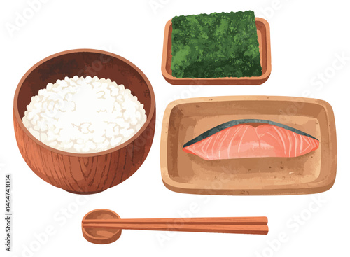 白米と海苔、焼き鮭、お箸の水彩風イラストセット　生成AI